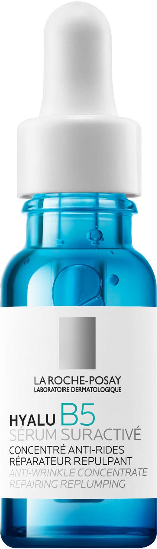 Blaues Tropfflaschenfläschchen mit La Roche-Posay Hyalu B5 Serum, weißes Etikett und schwarzer Schrift.