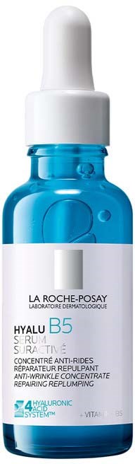 Błękitna szklana butelka z białą pipetą, oznaczona jako La Roche-Posay Hyalu B5 serum.