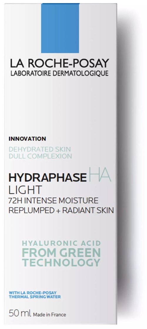 En hudvårdsprodukter box märkt La Roche-Posay Hydraphase Light med blå, gröna och svarta text och en blå rektangel längst upp.