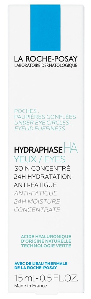 Esken for La Roche-Posay Hydraphase HA øyekrem med navn, funksjoner og ingredienser.