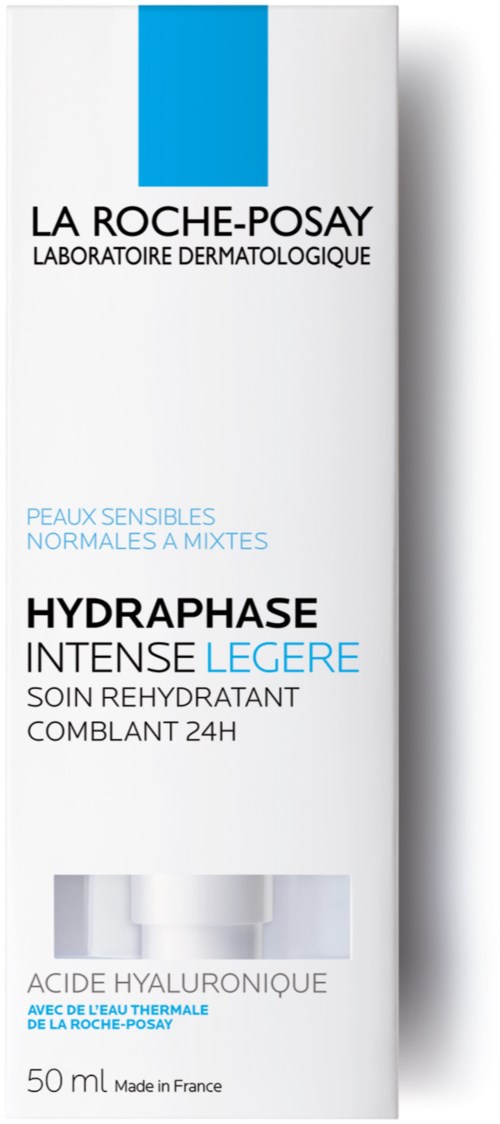 En hvit eske med blå og svart tekst, merket La Roche-Posay, om hudpleieprodukt for sensitiv hud.