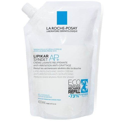 A white refill pouch with blue and black text, showing La Roche-Posay's logo and product details for skin shampoo.