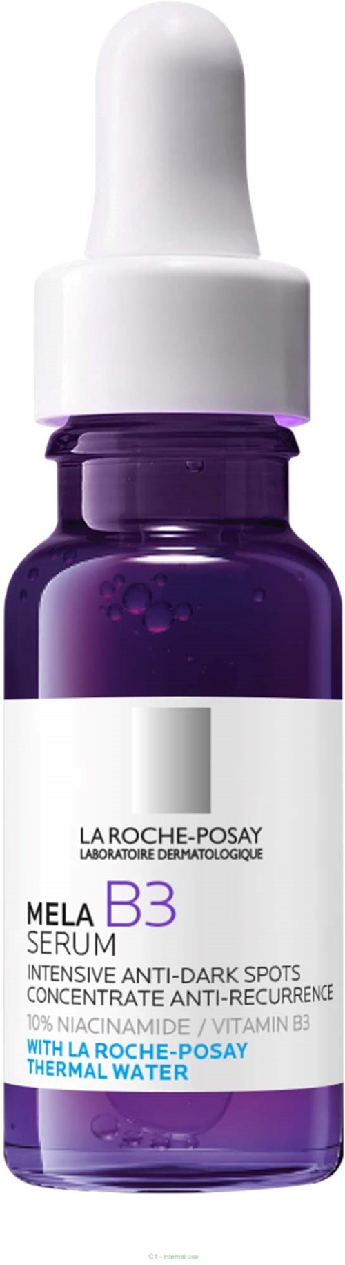 Eine lila Glasflasche mit weißer Tropfenzange, enthält La Roche-Posay Mela B3 Serum gegen dunkle Flecken.
