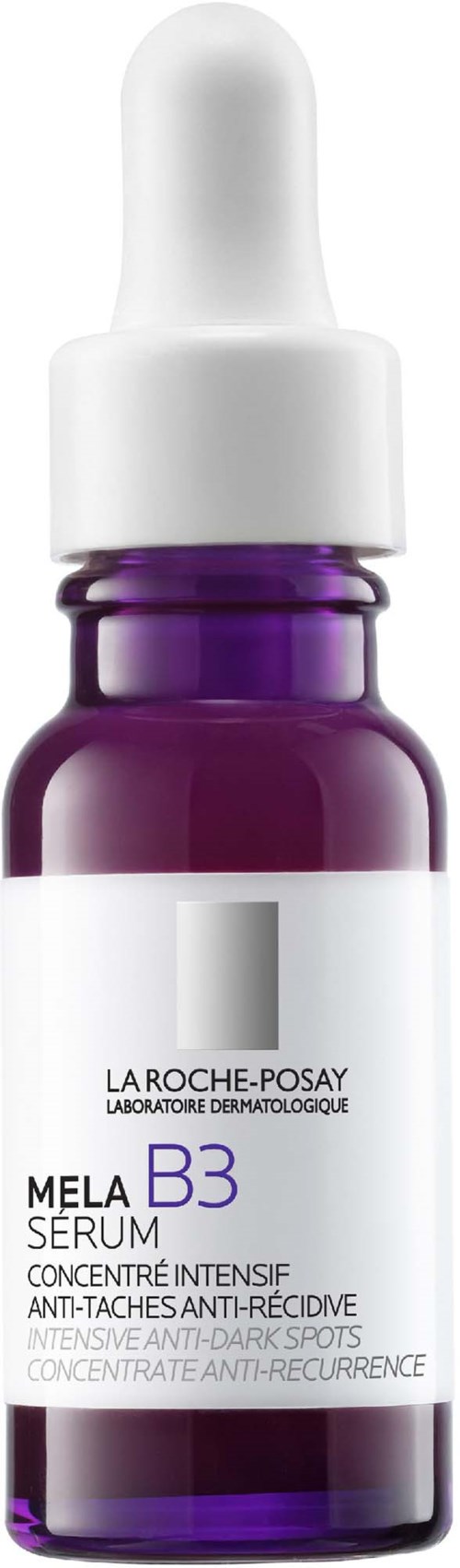 Eine violette Glasflasche mit weißem Tropfaufsatz für La Roche-Posay Mela B3 Serum zur Hautaufhellung und dunklen Flecken.