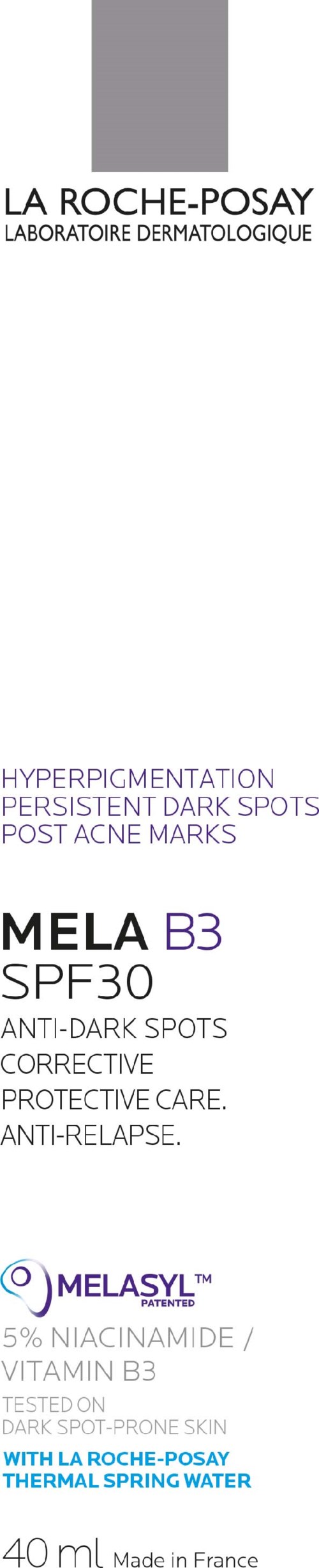 A vertical skincare product packaging with product details, brand name, and scientific ingredients listed.