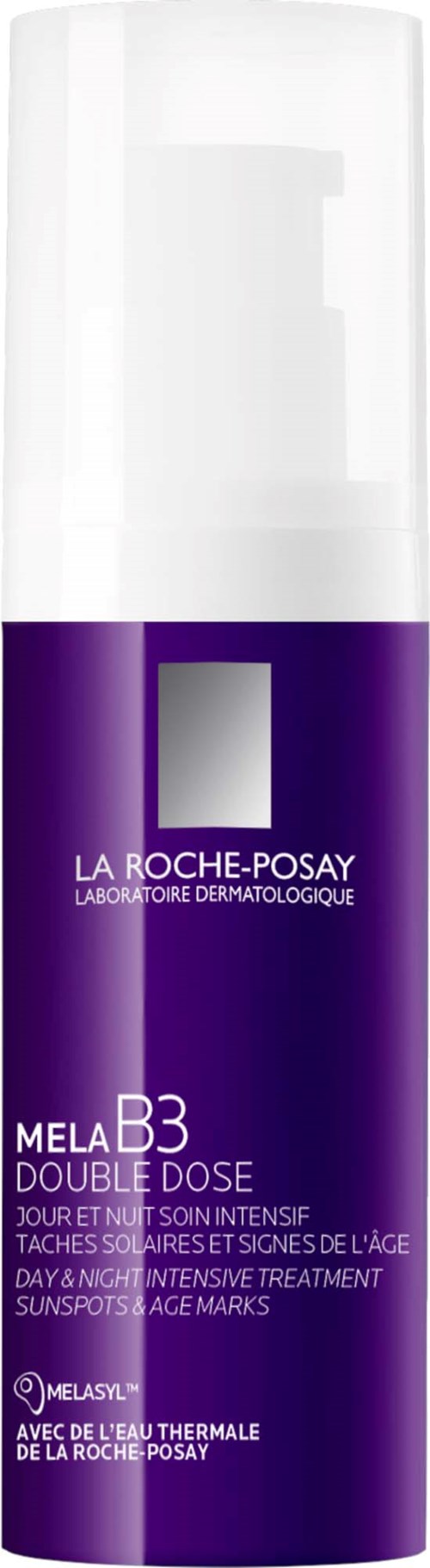Lila-weiße La Roche-Posay Pflegeflasche mit Pumpe für Mela B3 Double Dose Behandlung.