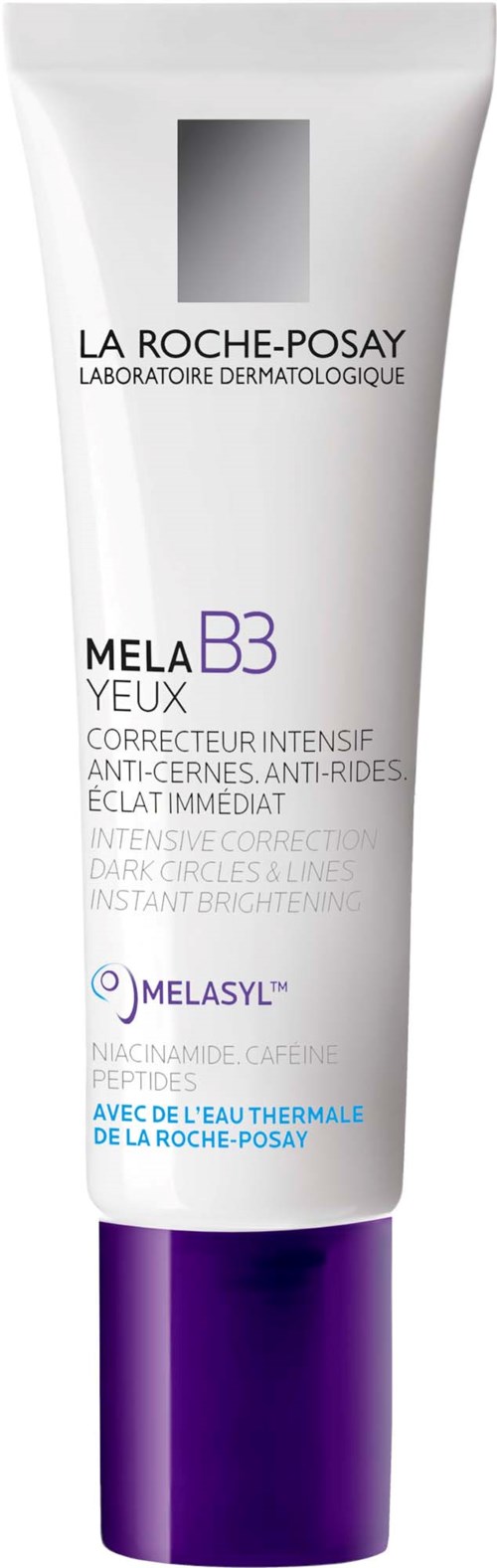 Eine weiße Tube La Roche-Posay Mela B3 Yeux Augencreme mit lila Verschluss und Produkthinweisen.