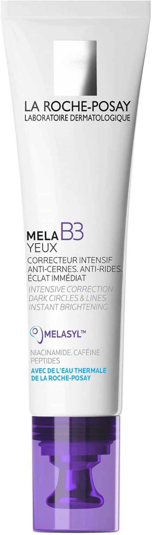 Weiße Tube mit La Roche-Posay Augencreme, lila Deckel und schwarzem Text.