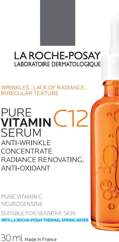 Ihonhoitopullo tipalla, nimeltä La Roche-Posay Pure Vitamin C12 Serum, anti-ryppyihin ja hehkuvaan ihoon.