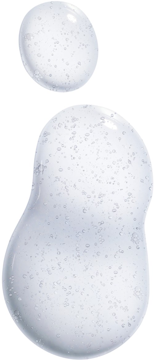 Två klara geléliknande klumpar, en liten och en stor, med små bubblor inuti, ser ut som tvål eller slime.