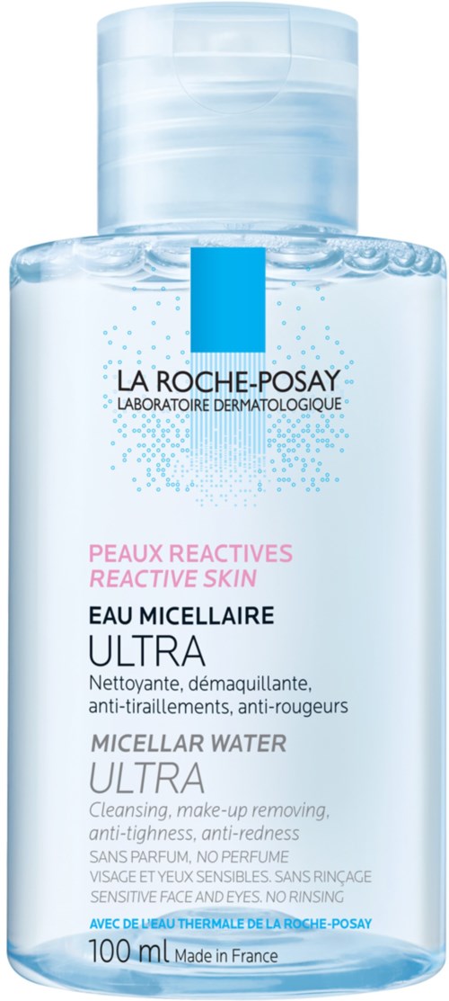 En klar flaska med La Roche-Posay micellärvatten för känslig hud, 100 ml, tillverkad i Frankrike.