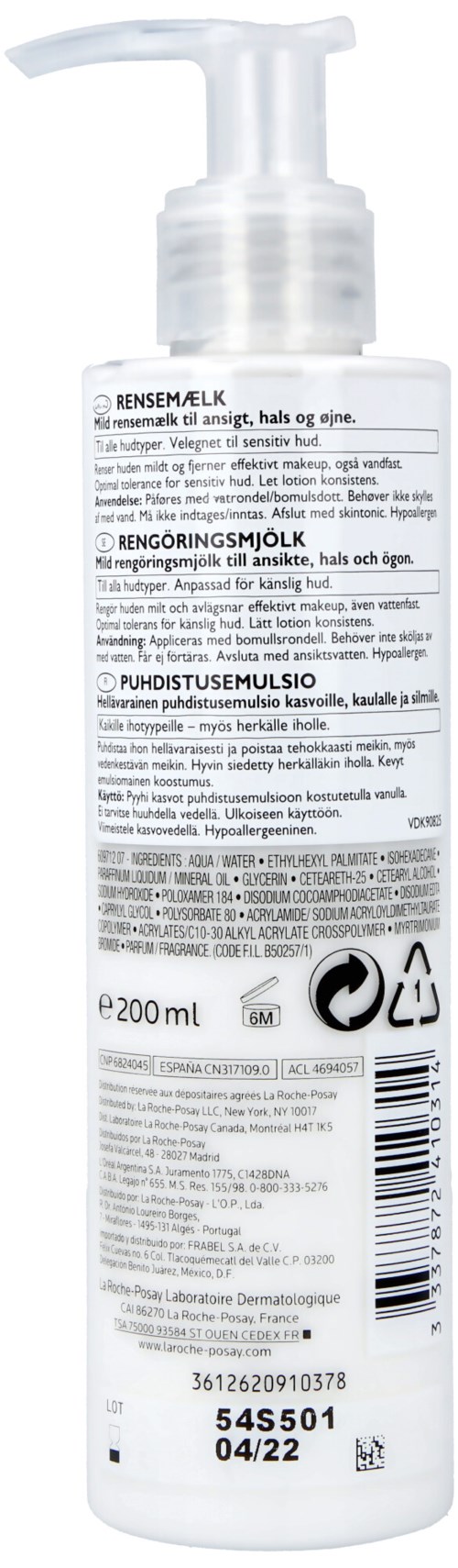 En hvit flaske med pumpe inneholder et hudpleie- eller rengjøringsprodukt, med tekst og symboler på etiketten.