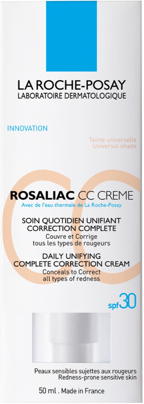 En hudvårdsprodukt från La Roche-Posay med solskyddsmedel SPF 30 och nämner rättning av rodnad.
