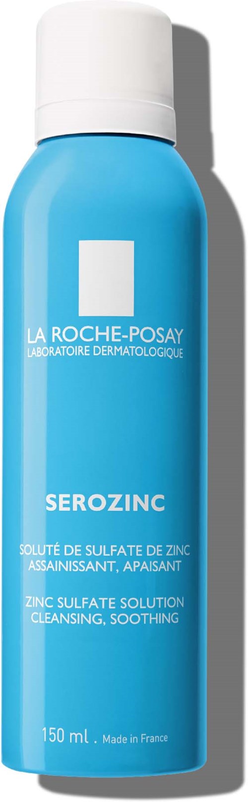 Niebieska butelka z białym korkiem, La Roche-Posay Serozinc, do oczyszczania i łagodzenia skóry, 150 ml.