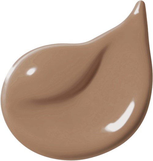 A spoonful of smooth, light brown liquid, possibly makeup or lotion, with a shiny surface and curved shape.