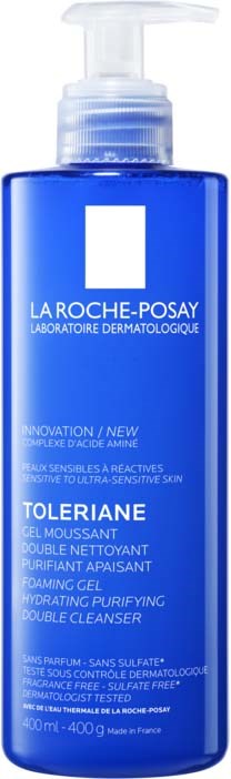 Sininen kasvorenkaan pullo pumpulla, La Roche-Posay Toleriane, herkkäihoisille.