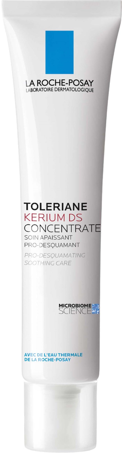 En vit tub med blå och röda texter, märkt La Roche-Posay Toleriane Kerium DS Concentrate, för hudvård.