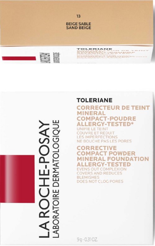 En vit box av La Roche-Posay mineralfoundationpulver med beige- och rödalternativ samt detaljerad produktbeskrivning.