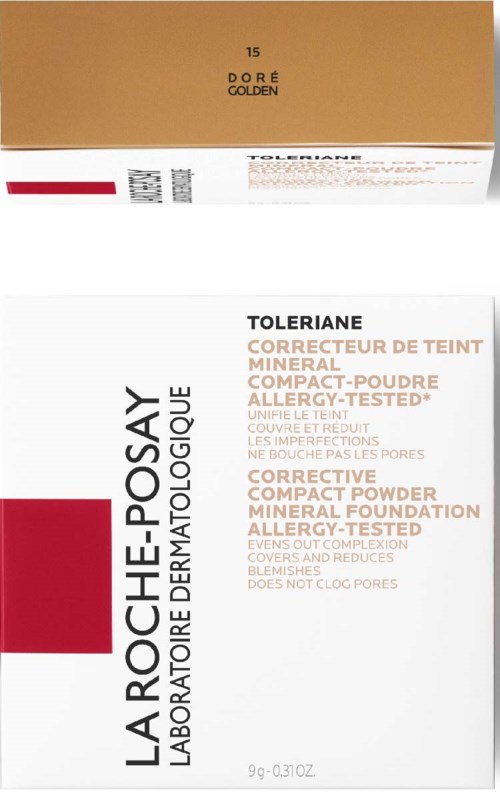 En box med La Roche-Posay Tolerance mineral foundation, allergitestad, kompakt puder, med produktdetaljer och logotyper på förpackningen.