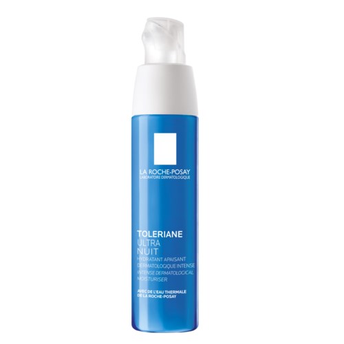Blå och vit flaska med La Roche-Posay-logotyp, innehåller Toleriane Ultra Nuit, en lugnande nattkräm.