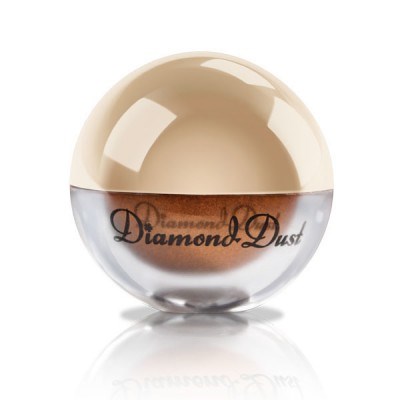 En rund behållare med silvertoppar och genomskärlig botten som visar brunska pulver märkt "Diamond Dust."
