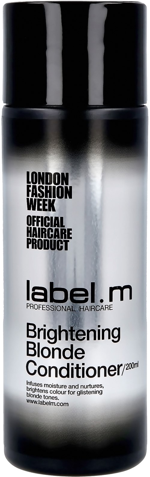Svart flaska med vitt och grått etikett, står 'Brightening Blonde Conditioner' från label.m, för hårvård.