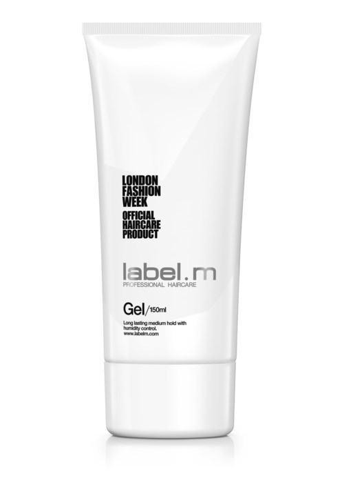 En vit tub märkt 'label.m Gel 150ml' med svart text, annonserar en hårvårdsprodukt för London Fashion Week.