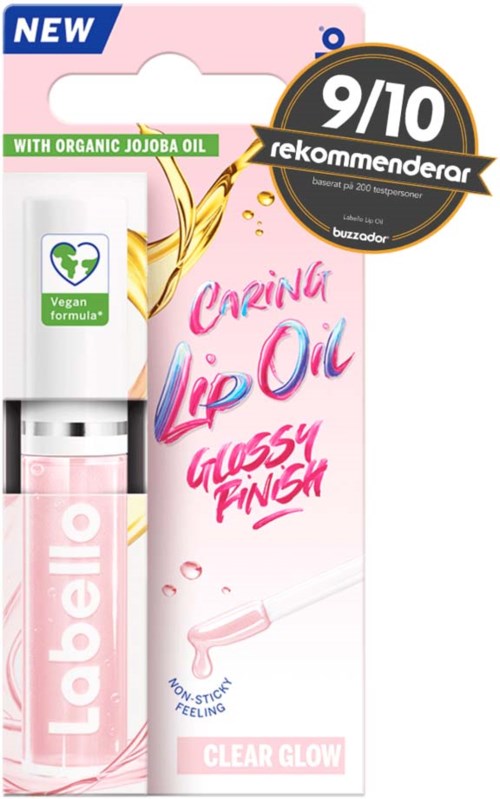 Lip oil product with organic jojoba oil, labeled as vegan, with a glossy finish and clear glow effect.