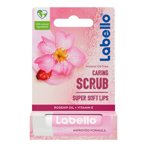 Eine rosa Packung Lippenbalsam mit Hagebuttenöl, Vitamin E und Weiche Lippen, verziert mit Blume und Wassertropfen.