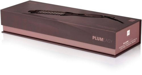 Pudełko z prostownicą Plum Easy z czarnym kablem, w różowo-czarnym opakowaniu.