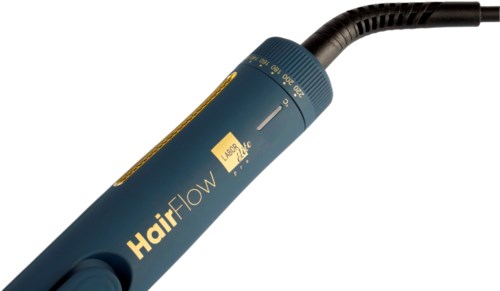 Niebieska suszarka do włosów z czarnym kablem i żółtą etykietą, label 'HairFlow'.