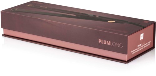 Długa, różowa skrzynka z czarnym przedmiotem wewnątrz, opisanym 'PLUM LONG'.
