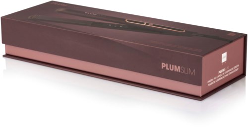 Długi, prostokątny box z napisem 'PLUM SLIM' w brązowo-różowej kolorystyce.