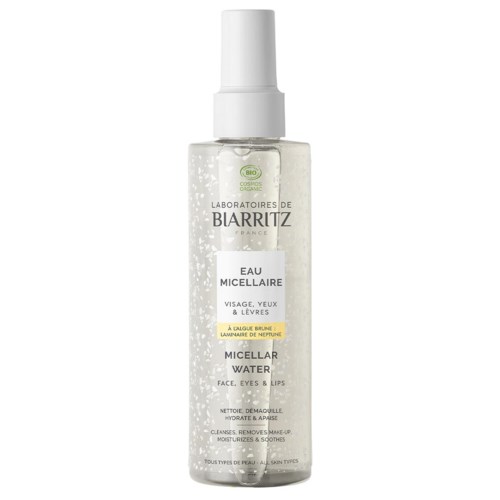 Klare Flasche mit Sprühkopf, gekennzeichnet Biarritz Mizellenwasser für Gesicht, Augen und Lippen, geeignet für empfindliche Haut.