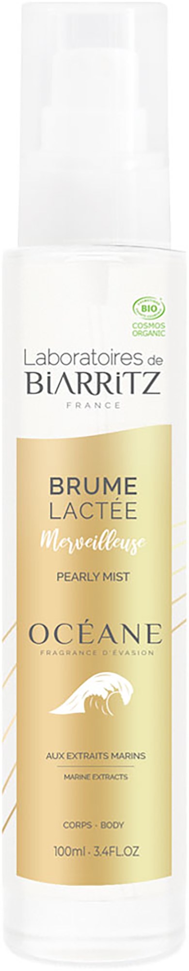 A white spray bottle labeled with the brand 'Laboratoires de BiARITZ' and details about Lac tea, ocean scent, and body use.