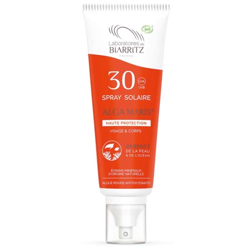 Zonnebrandcrème tube met SPF 30, geschikt voor gezicht en lichaam, met natuurlijke en biologische ingrediënten, rood en wit ontwerp.