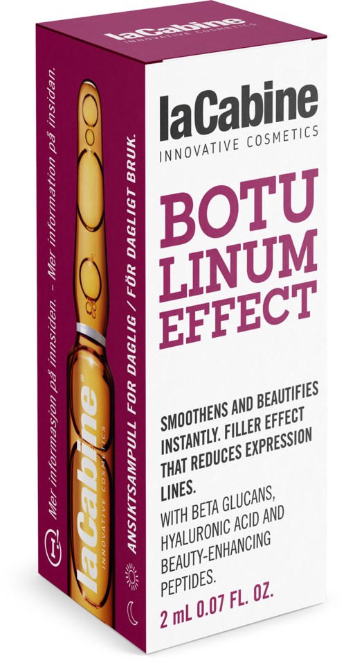 Produktemballasje med blått og hvitt design, fremmer Botulinum-effekt og hudfordeler, inkludert ingredienser som beta-glukaner.