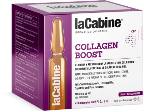 En box märkt 'laCabine Collagen Boost' visar en gul ampullillustration; den främjar hudens fasthet och kollagenökning.