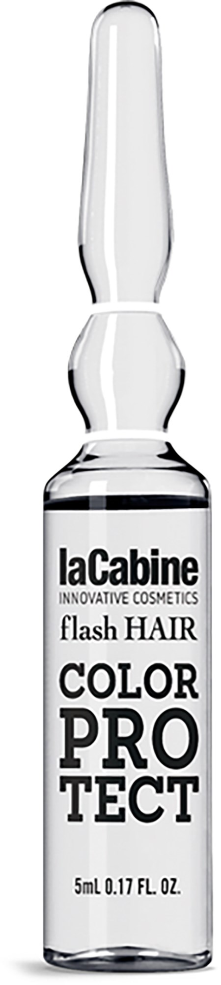 A small glass vial labeled LaCabine, contains a hair color protection serum with a dropper.