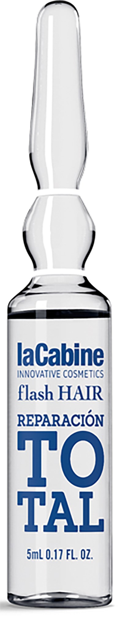 Pieni kirkas lasipullo, jossa tiputin ja merkinnät 'laCabine' ja 'flash HAIR REPAIRATION TOTAL'.
