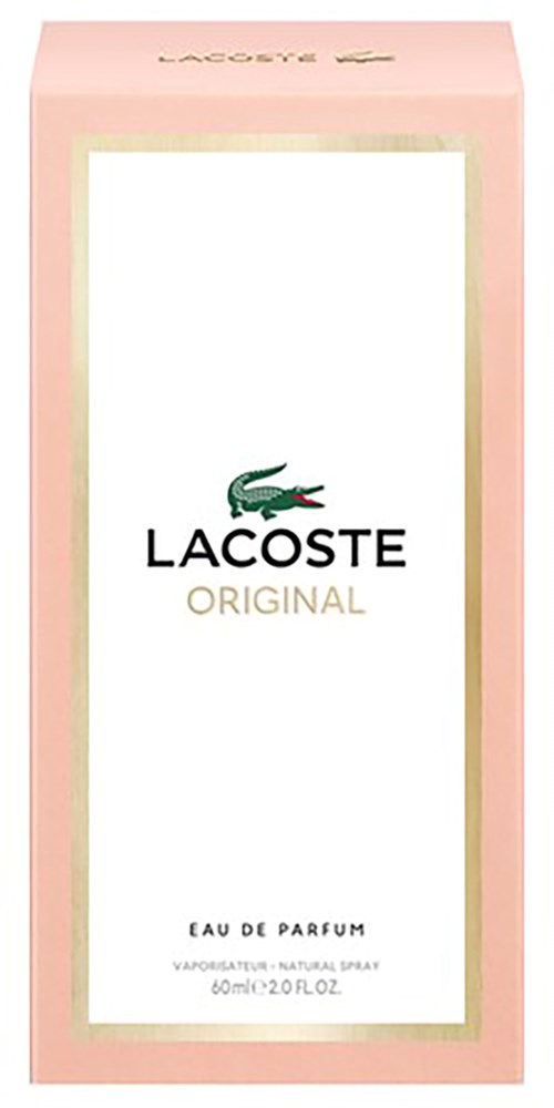 Rosa låda med Lacoste-logga, text om parfym, 60 ml.