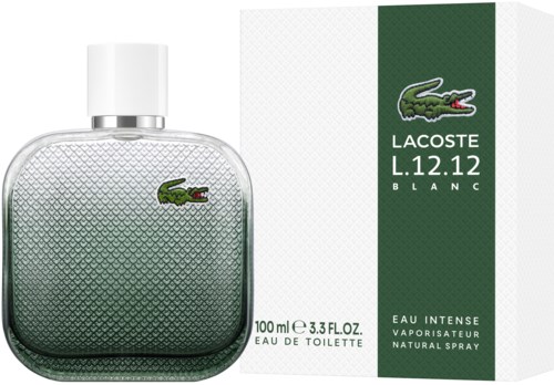Lacoste L.12.12 Blanc parfymflaska och förpackning med grön logga och text.