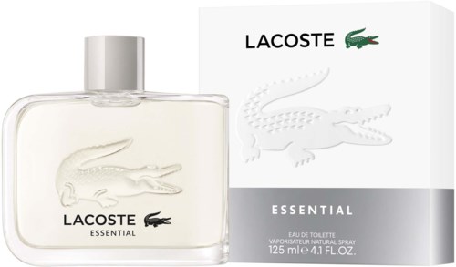 A clear perfume bottle and box with Lacoste crocodile logo and white and black design.