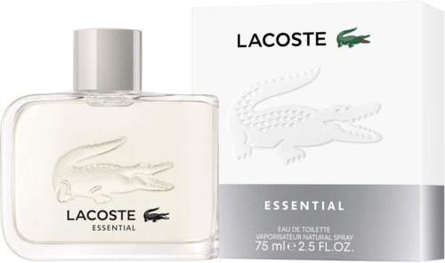 En Lacoste Essential parfyllflaska och box med krokodilslogo, vit och svart färg, 75 ml storlek, enkel design.