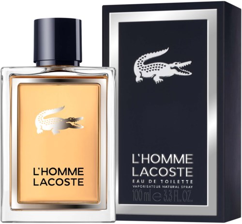 En parfyllflaska och kartong, båda med Lacoste-krokodil-logotypen, märkta L'HOMME LACOSTE, i svart och guld.