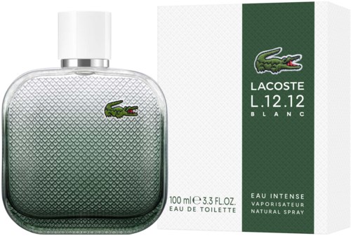 En Lacoste L.12.12 Blanc Eau Intense parfymflaska med silverkork, grön och vit förpackning och krokodillogo.