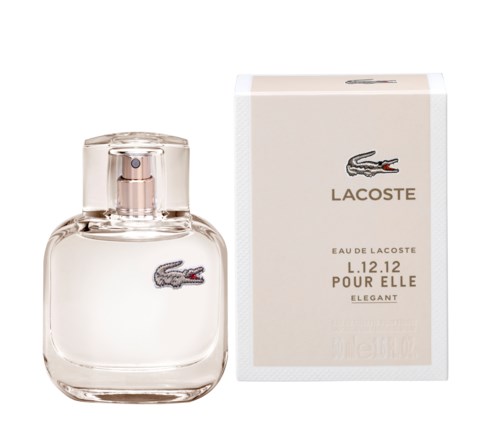 En tydlig parfyllflaska med Lacoste-krokodilen och en vit box bredvid.