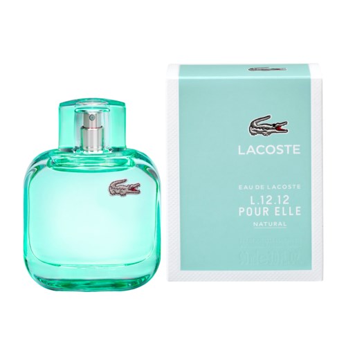 En ljus turkos parfyllflaska med Lacoste-krokodilen och en matchande box märkt 'L.12.12 Pour Elle Natural.'