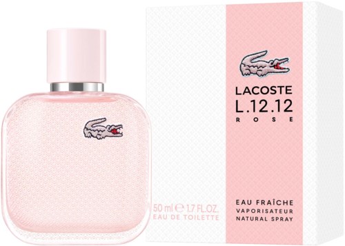 A bottle of Lacoste L.12.12 Rose perfume with pink packaging and a crocodile logo.