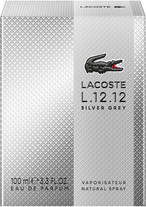 A silver-grey Lacoste perfume box with a black crocodile logo and text details.